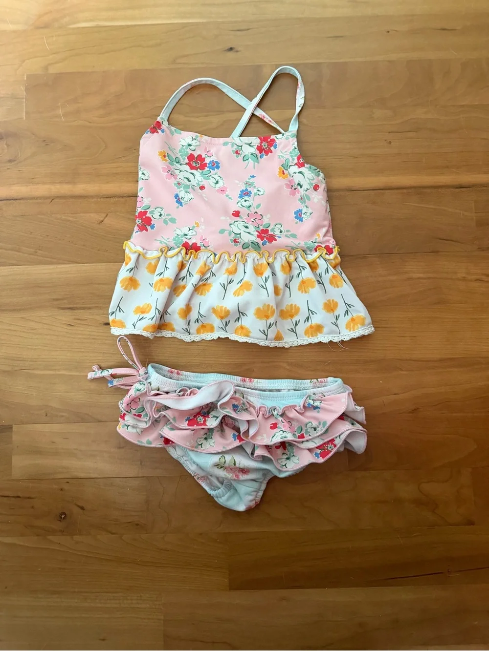 SweetHoney Pink Floral Ruffle Tankini with Yellow Floral Skirt